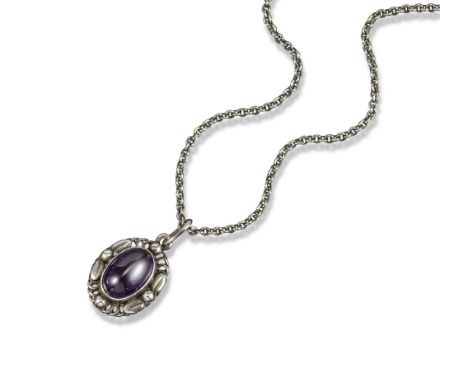 A silver and amethyst foliate pendant by Georg Jensen, design no. 50, post-1945, the oval amethyst cabochon in closed-back se