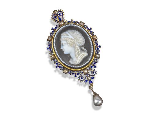 A carved hardstone cameo pendant in gold and enamel Revivalist frame by Froment-Meurice, c1870, the cameo depicting a female 