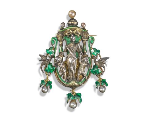 A mid 19th century silver and enamel Renaissance Revival brooch by Froment-Meurice, designed as a standing figure 'Harmonie' 