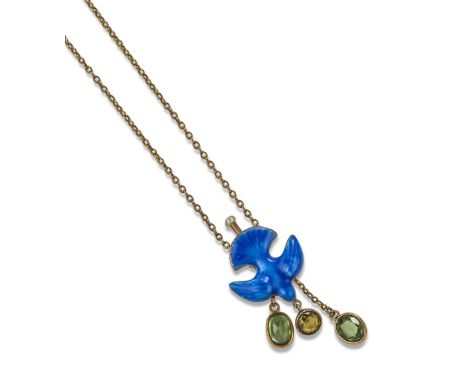 A green stone and blue enamel dove pendant by Child & Child, c1905, the stylised dove suspends a circular-cut citrine, mounte