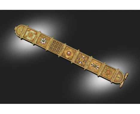 A gold Etruscan Revival panel 'Campana' bracelet, attributed to Giacinto Melillo, c1870, designed as seven hinged square pane