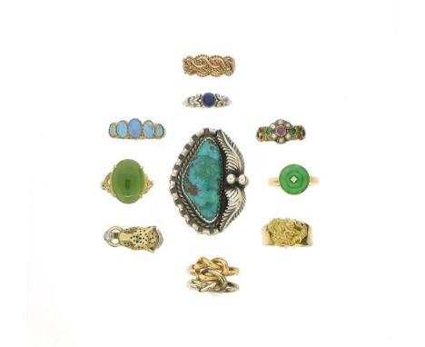 A small quantity of gem-set rings, including an opal five-stone ring, size Q, a yellow gold leopard ring with enamel decorati