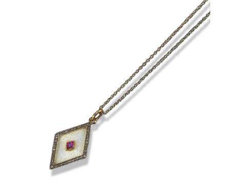 A lozenge-shaped pendant by Fabergé, centred with a lozenge-shaped ruby on white guilloche enamel ground within a border of m