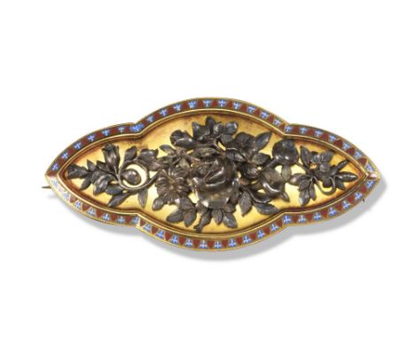 A gold, silvergilt and silver foliate brooch attributed to Fannière Frères, c1870, centred with a silver floral swag on plain