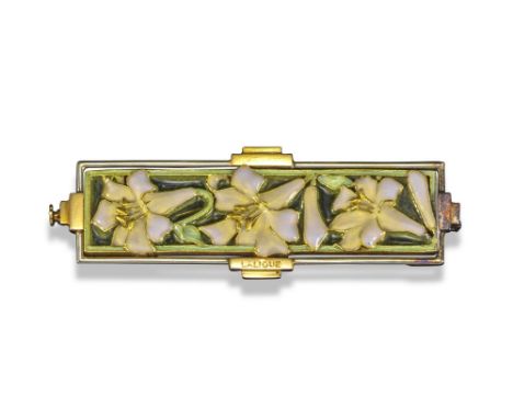An Art Nouveau rectangular enamel plaque brooch, c1900, depicting three flowerheads in opalescent enamel on green plique-à-jo