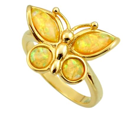 A 925 silver gilt butterfly shaped opal set ring, (P.5).