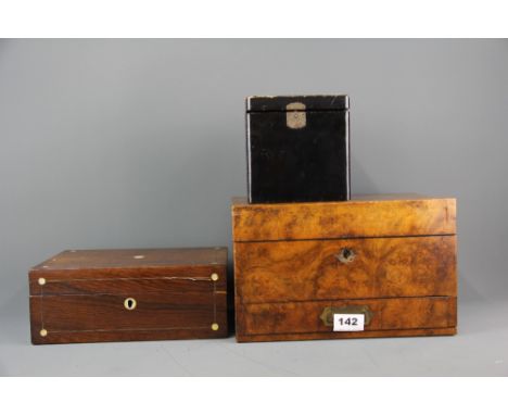 A burr walnut veneered workbox, together a mother of pearl inlaid wooden box and an Oriental lacquer caddy, largest 28.5 x 20