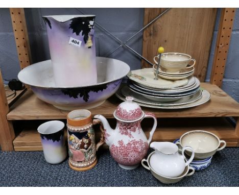 A large jug and bowl set, two Art Deco serving platters and other ceramic kitchenalia