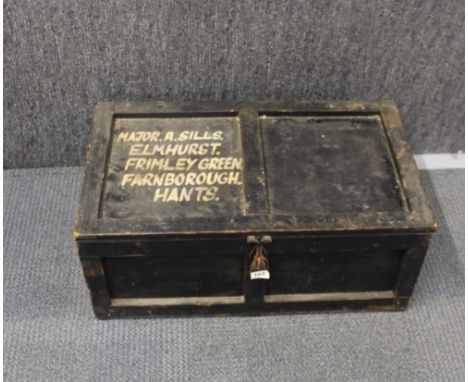 A painted workbox and tools, 74 x 45 x 30cm.
