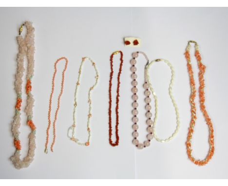 Seven mother of pearl, rose quartz and coral necklaces (one clasp A/F) and a pair of coral stud earrings.