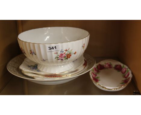 A Royal Albert Old English Rose pattern plate together with a Royal Worcester bowl, three sandwich platters and a Kaiser char