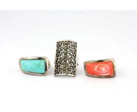 Two 925 silver rings together with a further white metal (tested silver) stone set ring, (K.5), (L) &amp; (L).