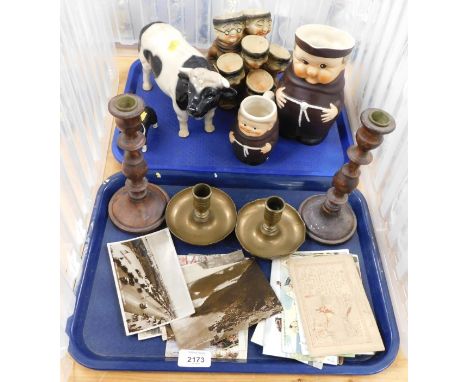 Collectors china, to include a Beswick model of a sheep dog, Goebel monk wares to include a jug, pottery model of a bull, two