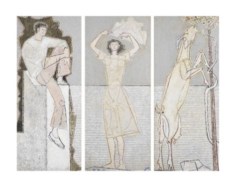 John Craxton R.A. (British, 1922-2009)Summer Triptych (Boy on Wall, Girl on the Seashore, Goat and Tree) tempera on board142 