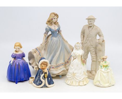 A group of ceramic figures to include: Royal Doulton Marie HN1370; Goebel figure of an Angel in blue cape and Coalport - Spri