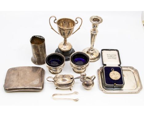 Collection of silver wares including cigarette case, trophies, medals, condiments, candlestick and posy vases