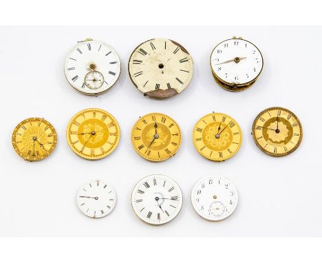 A collection of 18th and 19th Century pocket watch dials and movements including a W. Heath Birmingham A Wheatley Carlisle, B