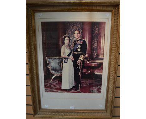 Mounted official portrait of Her Majesty Queen Elizabeth II and His Royal Highness Prince Philip in large gilt frame.&nbsp;Ha