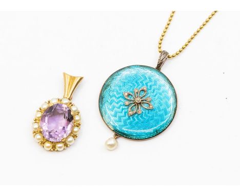 An amethyst and pearl pendant, set with an oval amethyst with half pearl border, approx 13 x 17mm (ex bale) unmarked yellow m