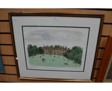 David Gentleman, British (b 1930), limited edition lithograph of Keele Hall, signed and numbered 20/100, 38 x 50cm, framed an