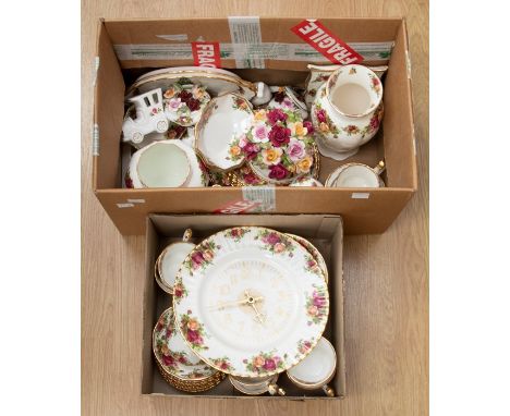 Royal Albert 'Old Country Roses' collection to include clock, cups and saucers, small comport, vases, picture frame etc. 2 bo