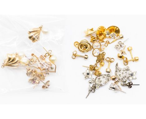 A collection of various earrings to include two 9ct gold pairs include a ruby set pair and&nbsp; knot studs, combined total g