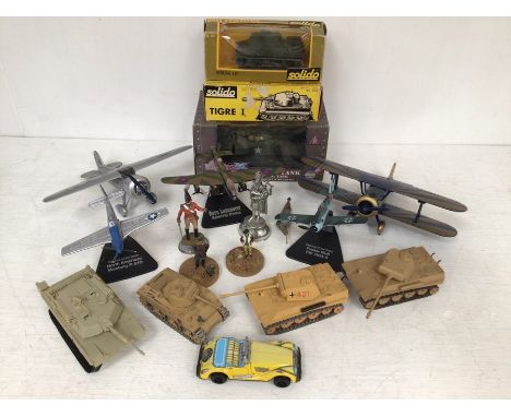 A collection of Solido boxed and unboxed tanks, model plains and other military items