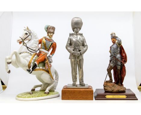 Three military figures, pewter guard, Italian resin figure, Prussian ceramic of horse&nbsp;
