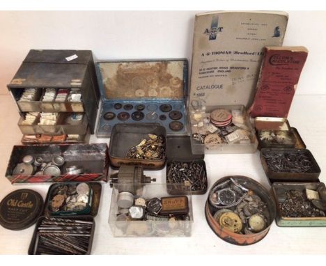 Watch and clock making tools and insides including wooden handled vintage tools