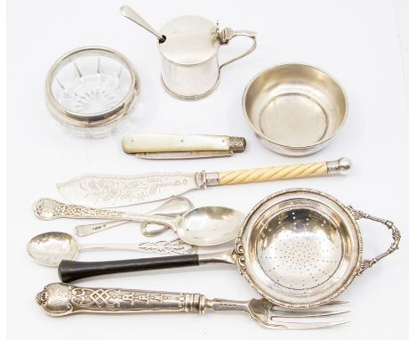 A group of silver to include: Modern tea strainer with ebony handle and bowl, by C S Green, Birmingham, 1968 &amp; 70; Georgi