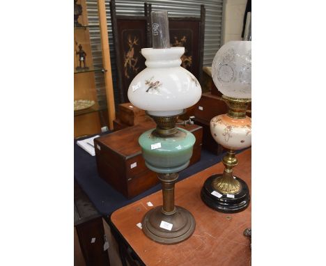 Victorian brass and green glass oil lamp with funnel and shade with painted birds
