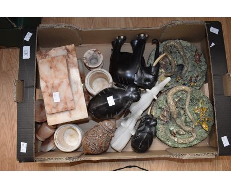 Marble clock and marble pots, ebony elephants, other elephants and Majolica style potted plaques&nbsp;