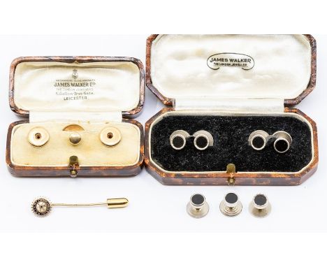 A boxed set of 9ct gold collar studs total weight approx 2.1gms, along with a white metal and onyx set of dress studs and a g