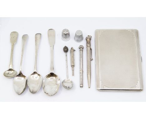 A group of silver to include: George VI engine turned cigarette case, AM &amp; S, Birmingham, 1933 together with various spoo