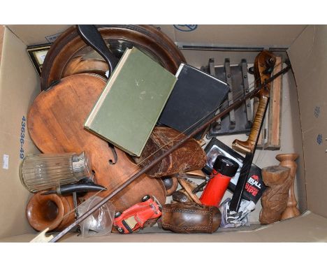 A collector's lot to include: Vintage binoculars in leather case; two late 19th Century horn wine opens; a Violin (AF); chero