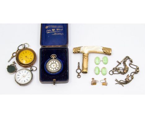 Three ladies silver pocket watches, to include a half hunter with guilloche enamel and foliate chased case, cased, along with