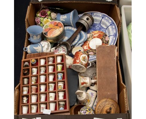 A collection of assorted ceramics to include Wedgwood, Royal Worcester, Paragon; various thimbles in small cabinet, and other