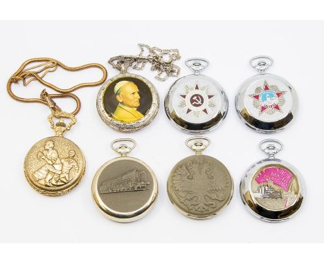 A collection of seven pocket watches to include Russian USSR metal cased pocket watches, railway 3HIIPECC, Molnija, along wit