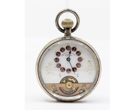 A Hebdomas 8 days open faced pocket watch, white enamel exhibition dial, white metal case, dial approx 43mmCondition report: 