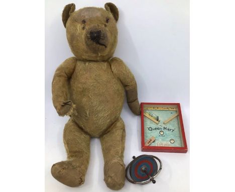 Vintage Teddy Bear, 16 inches tall, fully jointed, straw filled, well loved with repairs. Along with a Journet Puzzle , Queen