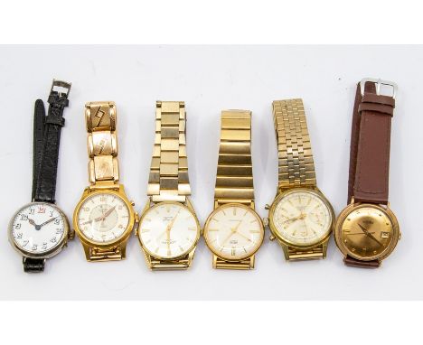 A collection of vintage gents watches to include two gold plated Roamer, a white metal 1920's watch, along with gold plated S