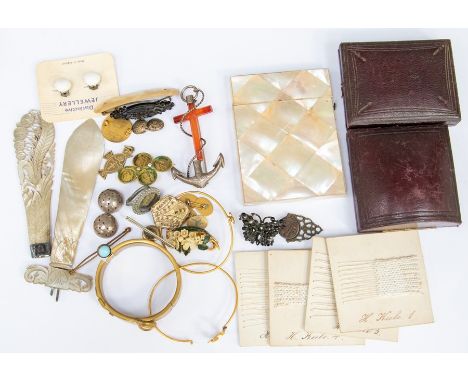 A box of costume jewellery and works of art to include:&nbsp;&nbsp;Mother-of-pearl dagger form letter opener (AF); mother-of-