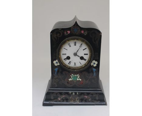 Ebonised wooden early 20th Century mantle clock with brass and painted inlay
