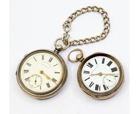 two silver open faced pocket watch, white enamel dials, Roman numerals, subsidiary dial,  dial approx 40mm and 50mm, one with