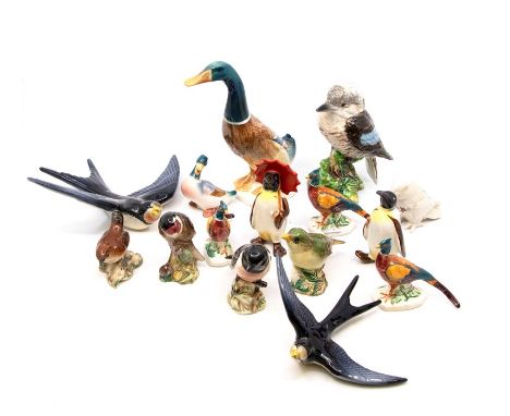 A group of Beswick birds to include: Wren 993; Goldfinch 2273; Stonechat 2274; Kookaburra 1159; Greenfinch 2105; Duck 756-1; 