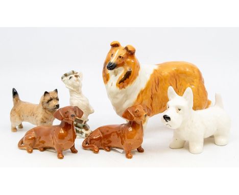 A group of Beswick to include: the Collie - Lochinvar of Lady Park; a pair of Dachshunds; Cairn Terrier (or Norwich) together