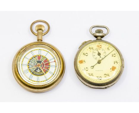 A Gallet&nbsp;open faced pocket watch with stop-watch, the enamel dial with subsidiary seconds and calendar, outer track, whi