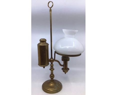 Copper bed warming pan, copper kettle, brass trivet with horse design, brass oil lamp with original white glass shade.&nbsp;