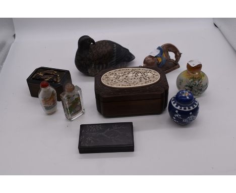 A group of Asian works of art to include: Japanese mixed metal box and cover, decorated Sumo wrestlers, canted corners; Chine