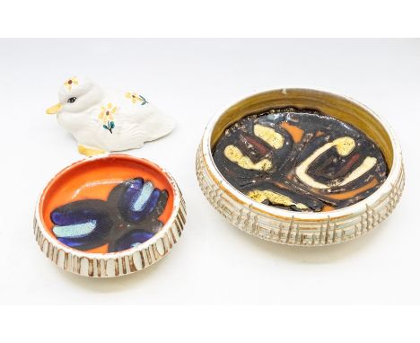 Studio Pottery: A circular Poole abstract design pottery raised side bowl together with a smaller similar example and a Poole